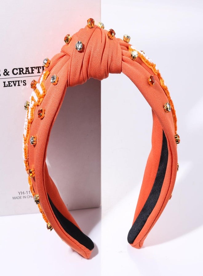 YAHPERN Game Day Headband, Crystal Pearl Knotted Jeweled Top Knot Headband for Women, Sports Baseball Football Hair Accessories (Orange, 1 Count) - Image 4
